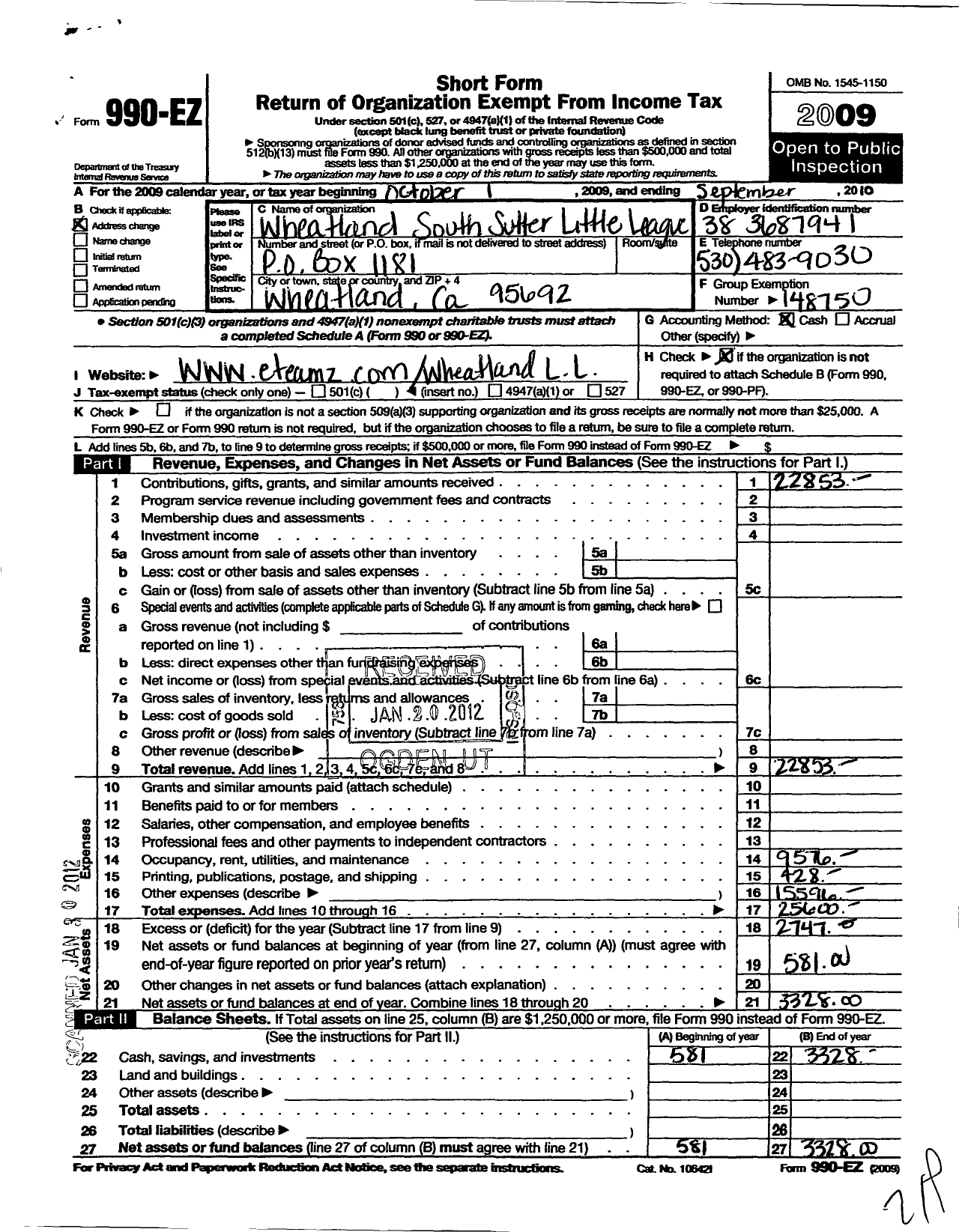 Image of first page of 2009 Form 990EO for Little League Baseball - 0148750 Wheatland-South Sutter LL