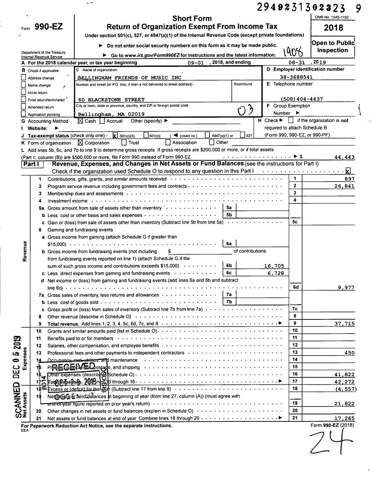 Image of first page of 2018 Form 990EZ for Bellingham Friends of Music