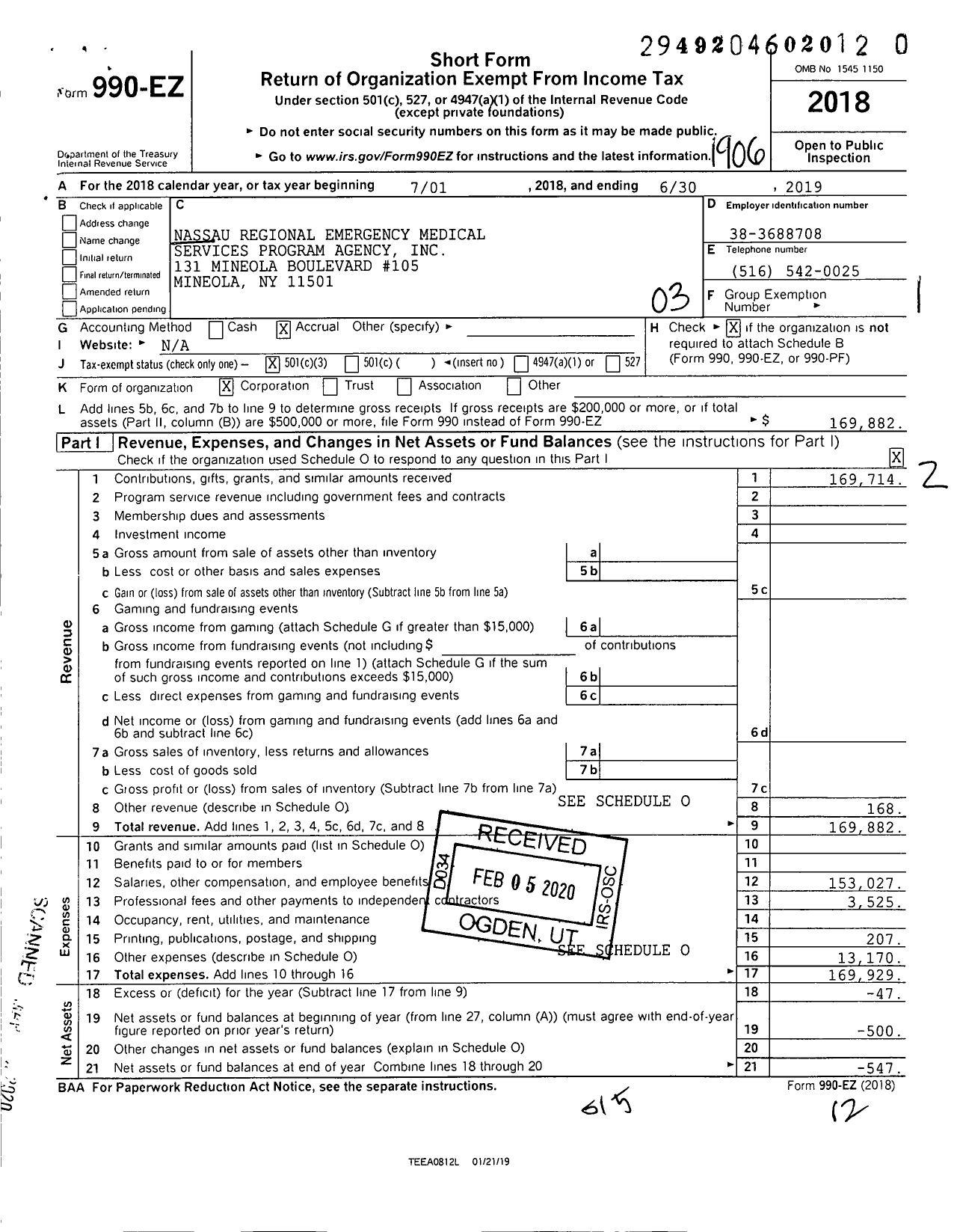 Image of first page of 2018 Form 990EZ for Nassau Regional Emergency Medical Services Program Agency