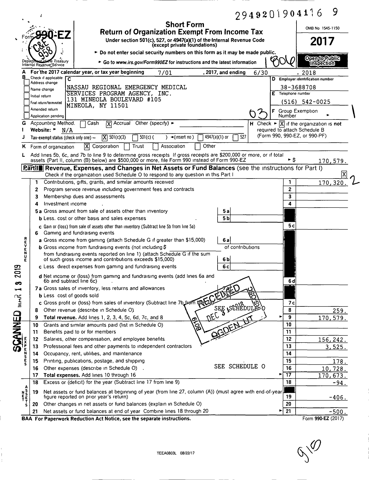 Image of first page of 2017 Form 990EZ for Nassau Regional Emergency Medical Services Program Agency