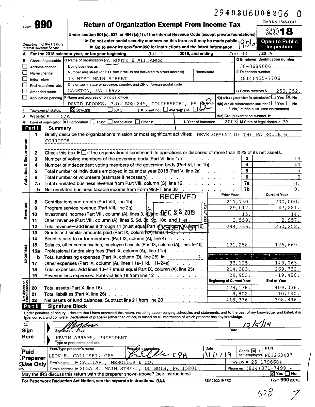 Image of first page of 2018 Form 990 for Pennsylvania Route 6 Alliance