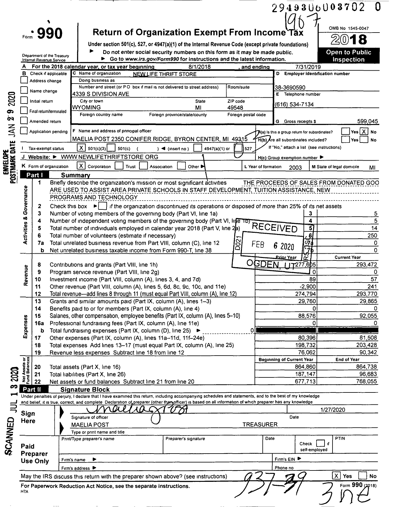 Image of first page of 2018 Form 990 for New Life Thrift Store