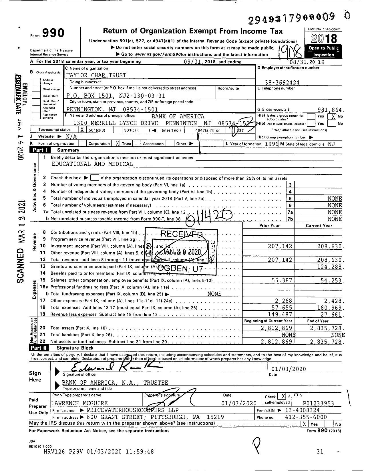 Image of first page of 2018 Form 990 for Taylor Char Trust