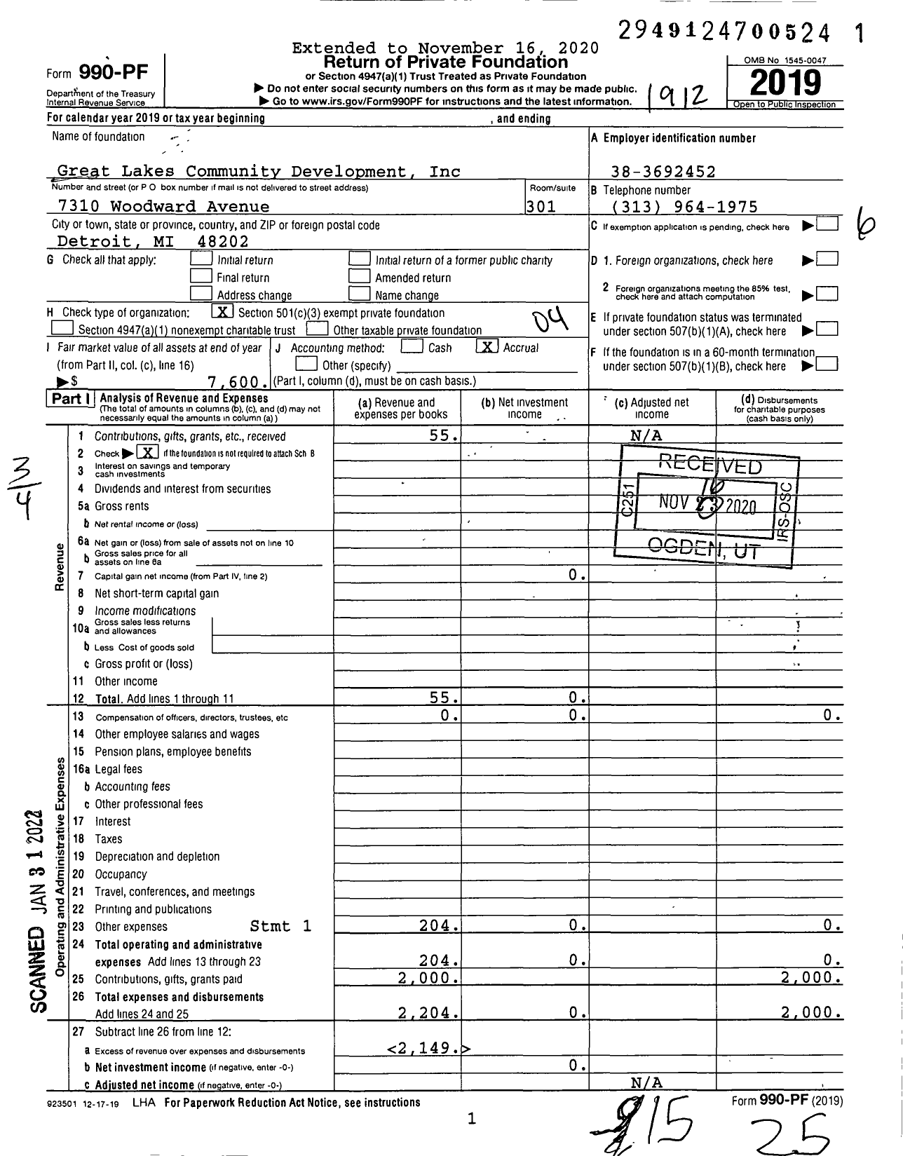 Image of first page of 2019 Form 990PF for Great Lakes Community Development