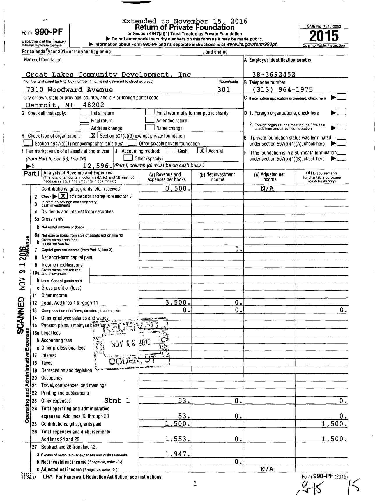 Image of first page of 2015 Form 990PF for Great Lakes Community Development