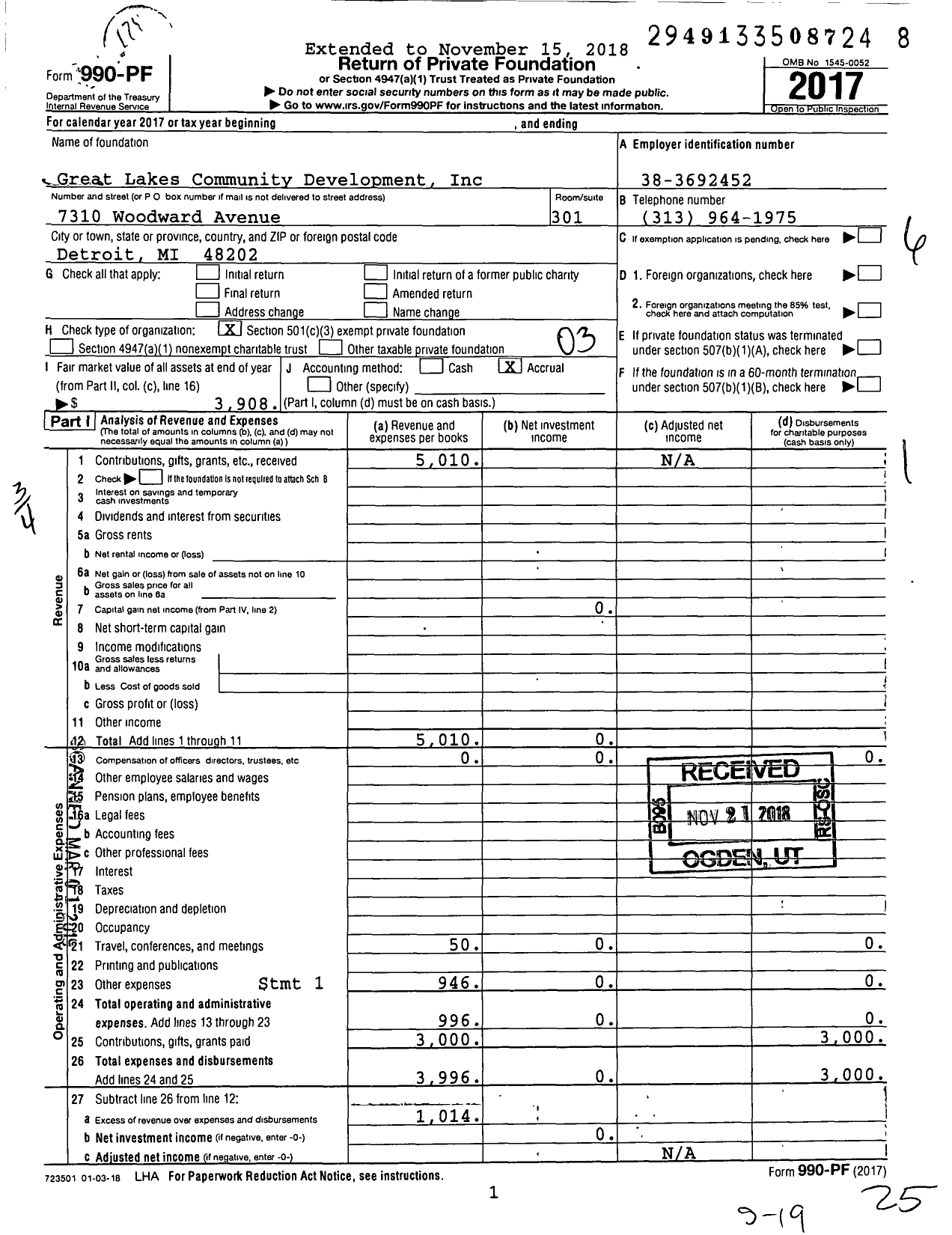 Image of first page of 2017 Form 990PF for Great Lakes Community Development