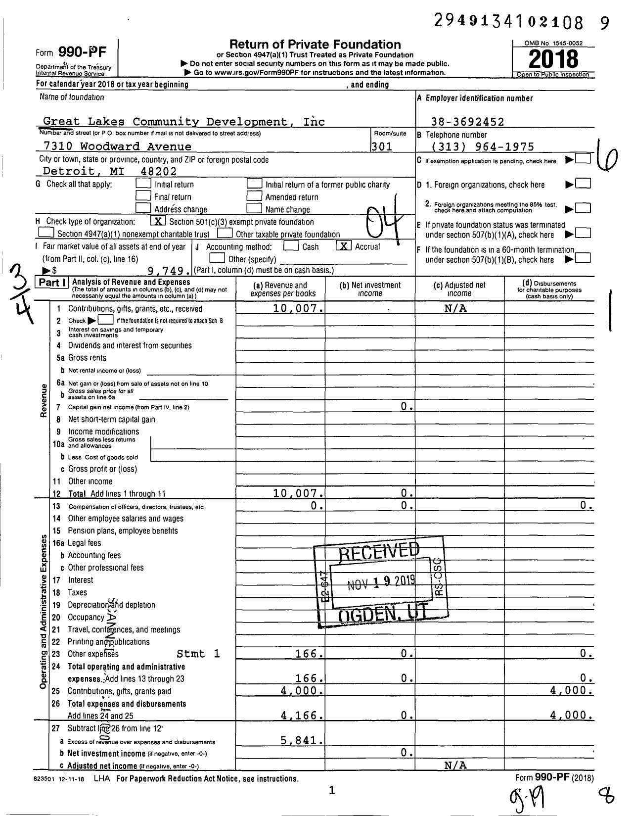 Image of first page of 2018 Form 990PF for Great Lakes Community Development