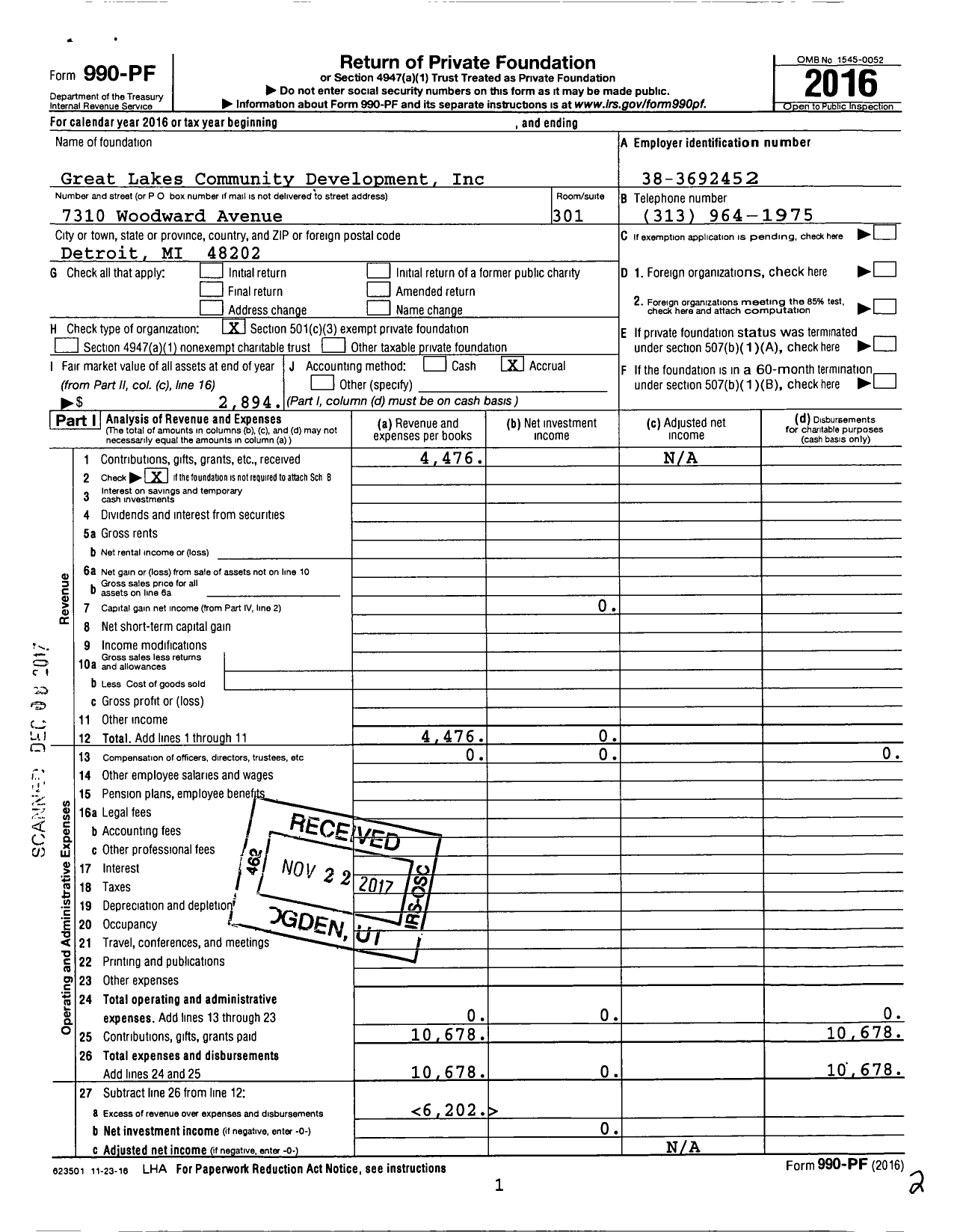 Image of first page of 2016 Form 990PF for Great Lakes Community Development