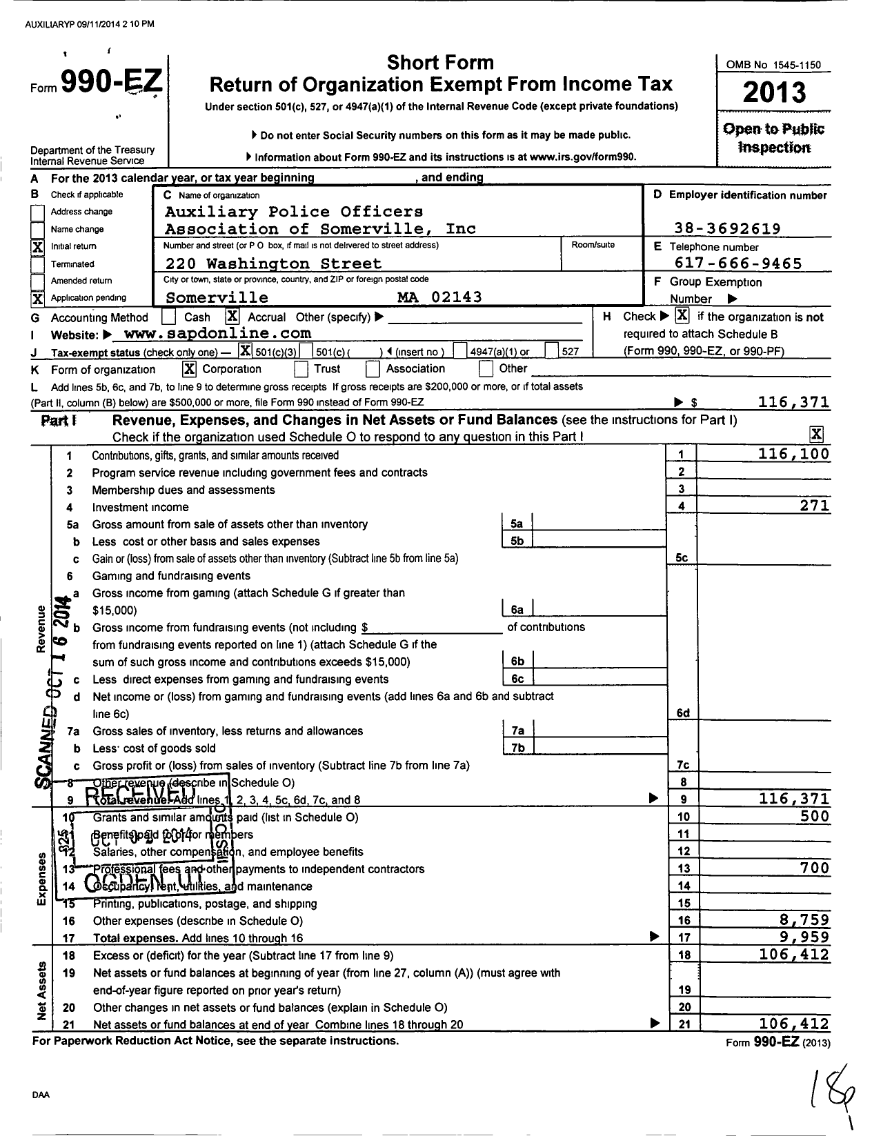 Image of first page of 2013 Form 990EZ for Auxiliary Police Officers Association of Somerville