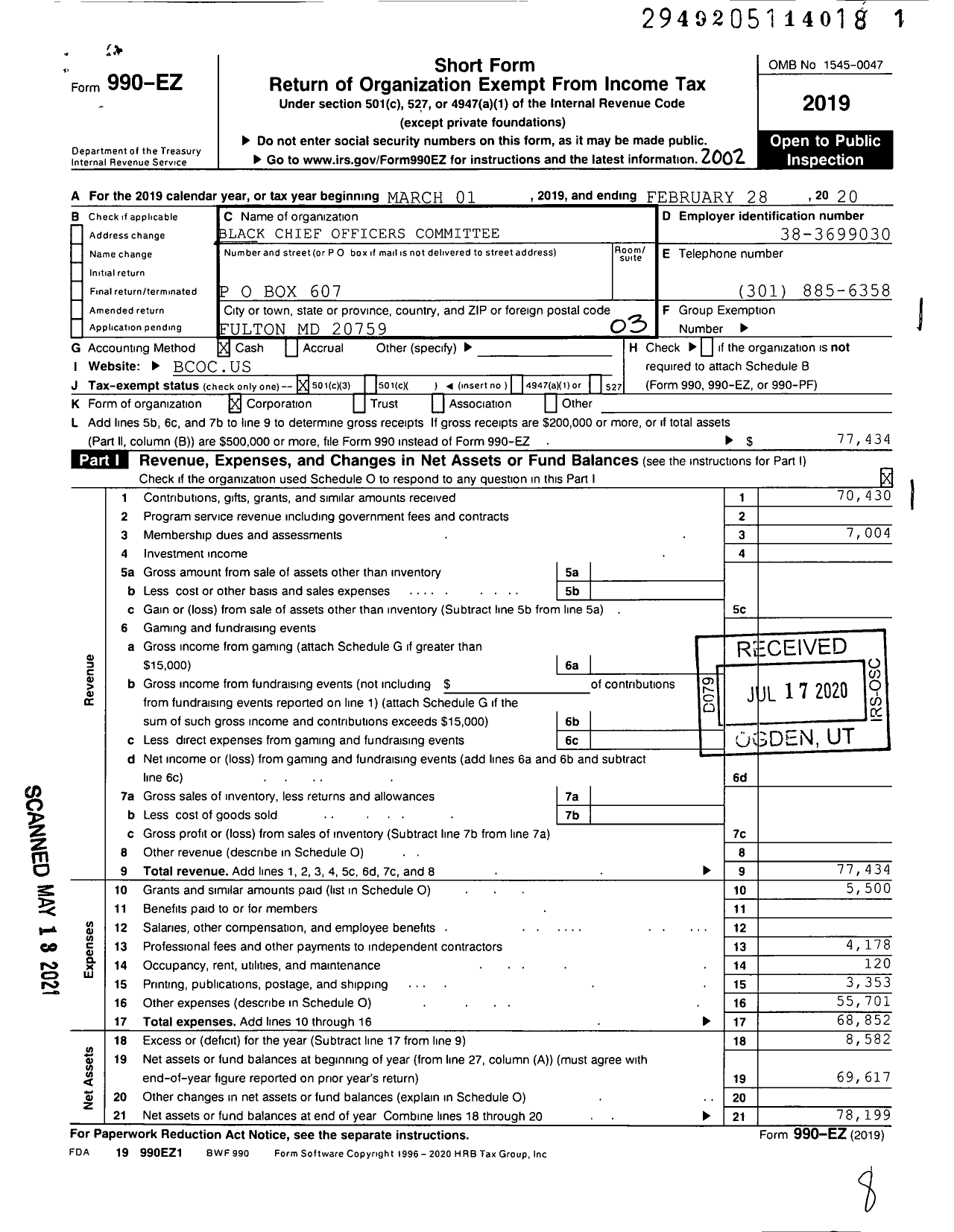 Image of first page of 2019 Form 990EZ for Black Chief Officers Committtee