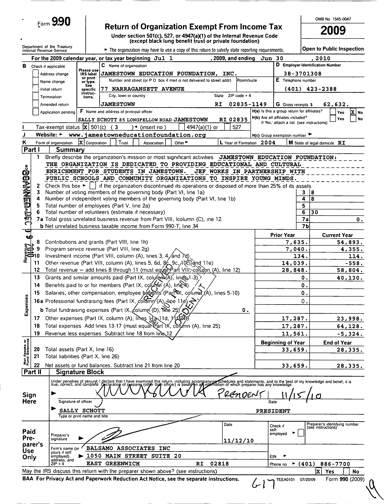 Image of first page of 2009 Form 990 for Jamestown Education Foundation
