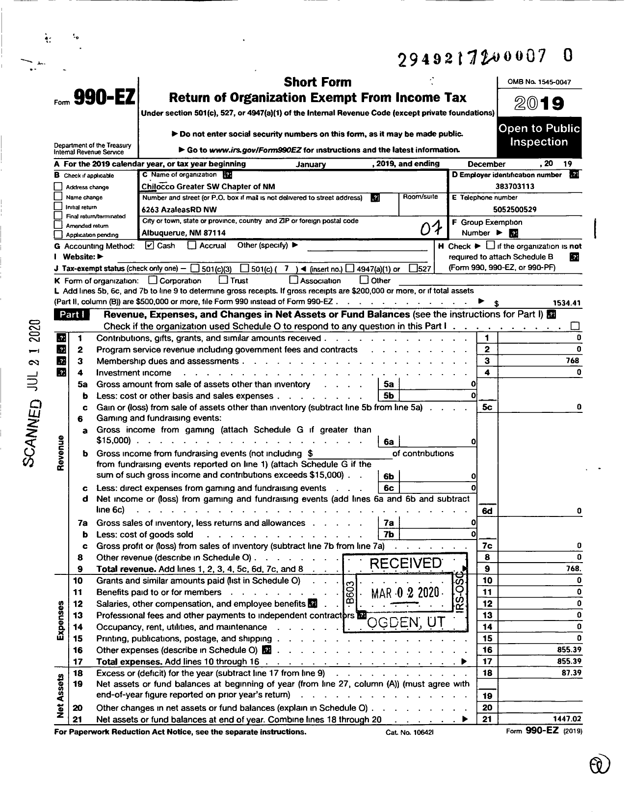 Image of first page of 2019 Form 990EO for Chilocco Greater SW Chapter of