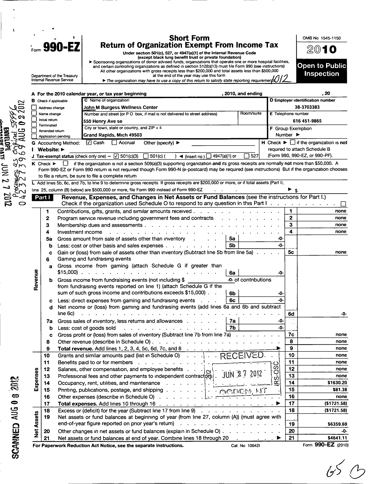 Image of first page of 2010 Form 990EZ for John M Burgess Wellness Center