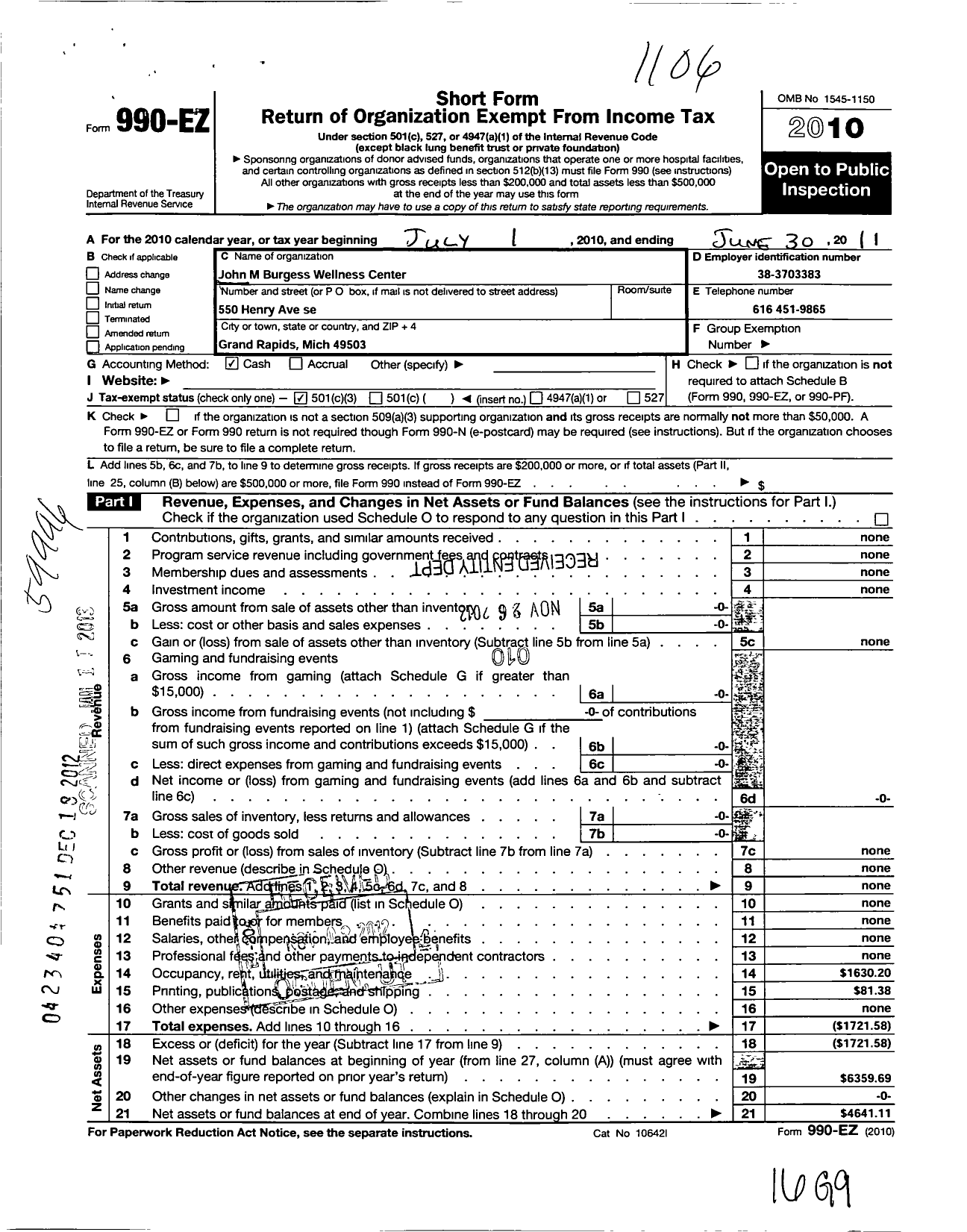 Image of first page of 2010 Form 990EZ for John M Burgess Wellness Center