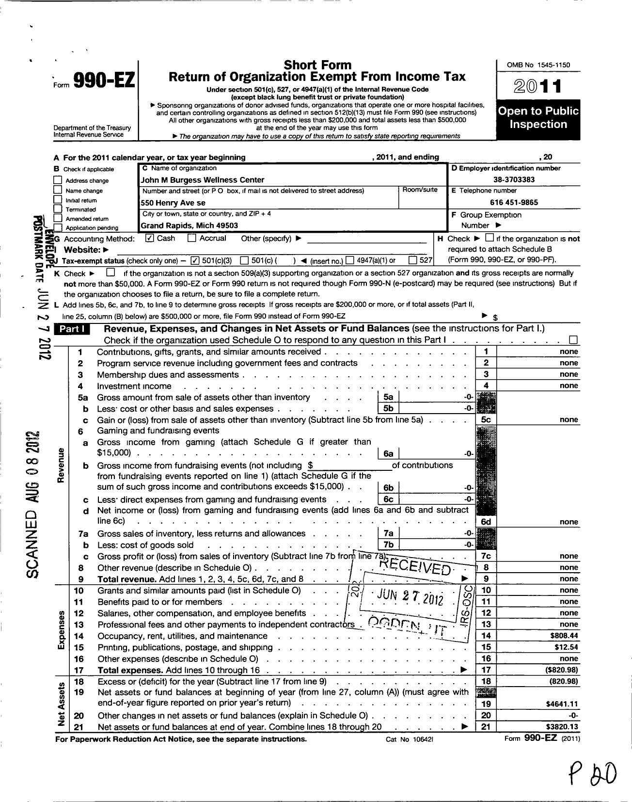 Image of first page of 2011 Form 990EZ for John M Burgess Wellness Center