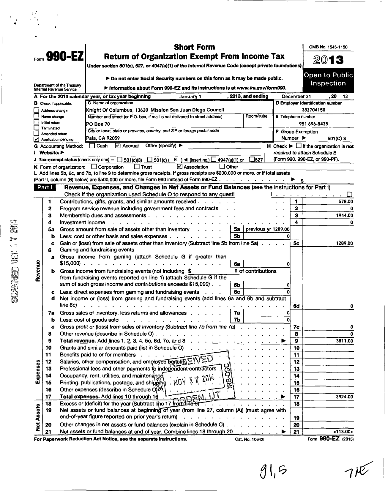 Image of first page of 2013 Form 990EO for Knights of Columbus