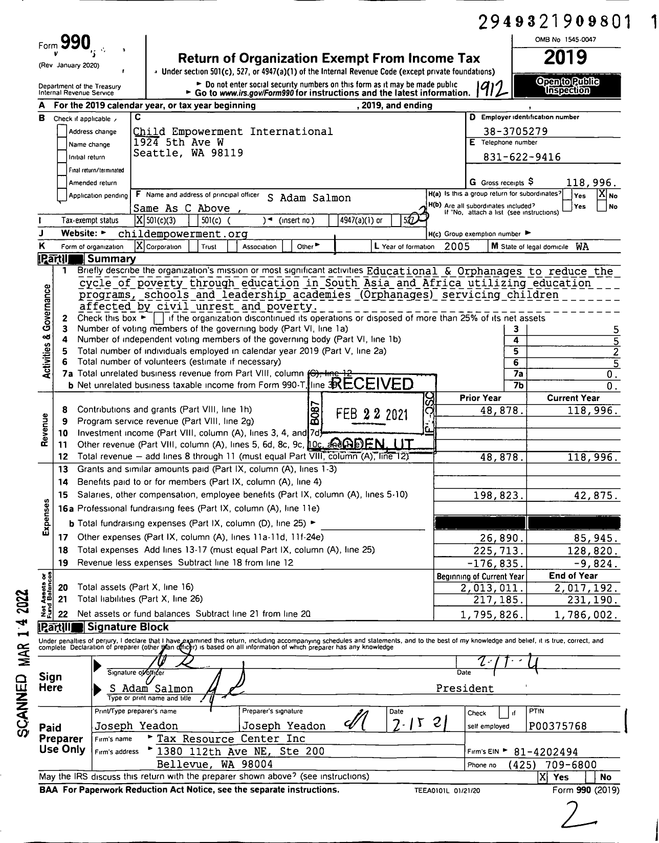 Image of first page of 2019 Form 990 for Child Empowerment International