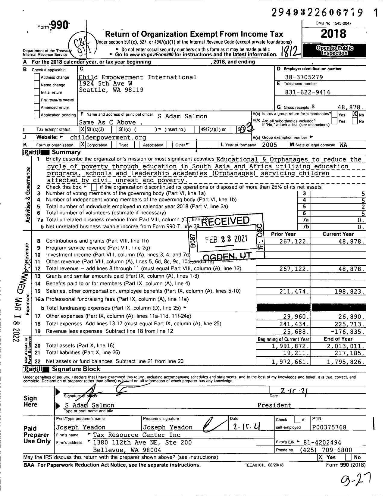 Image of first page of 2018 Form 990 for Child Empowerment International