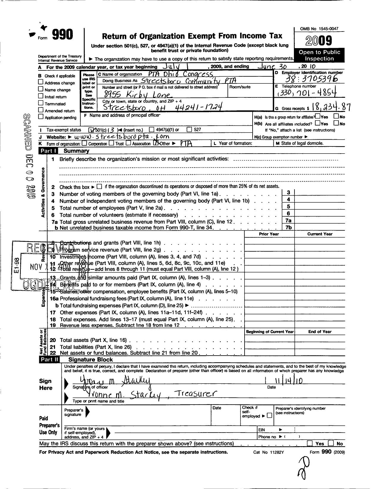 Image of first page of 2009 Form 990 for PTA Ohio Congress / Streetsboro Community