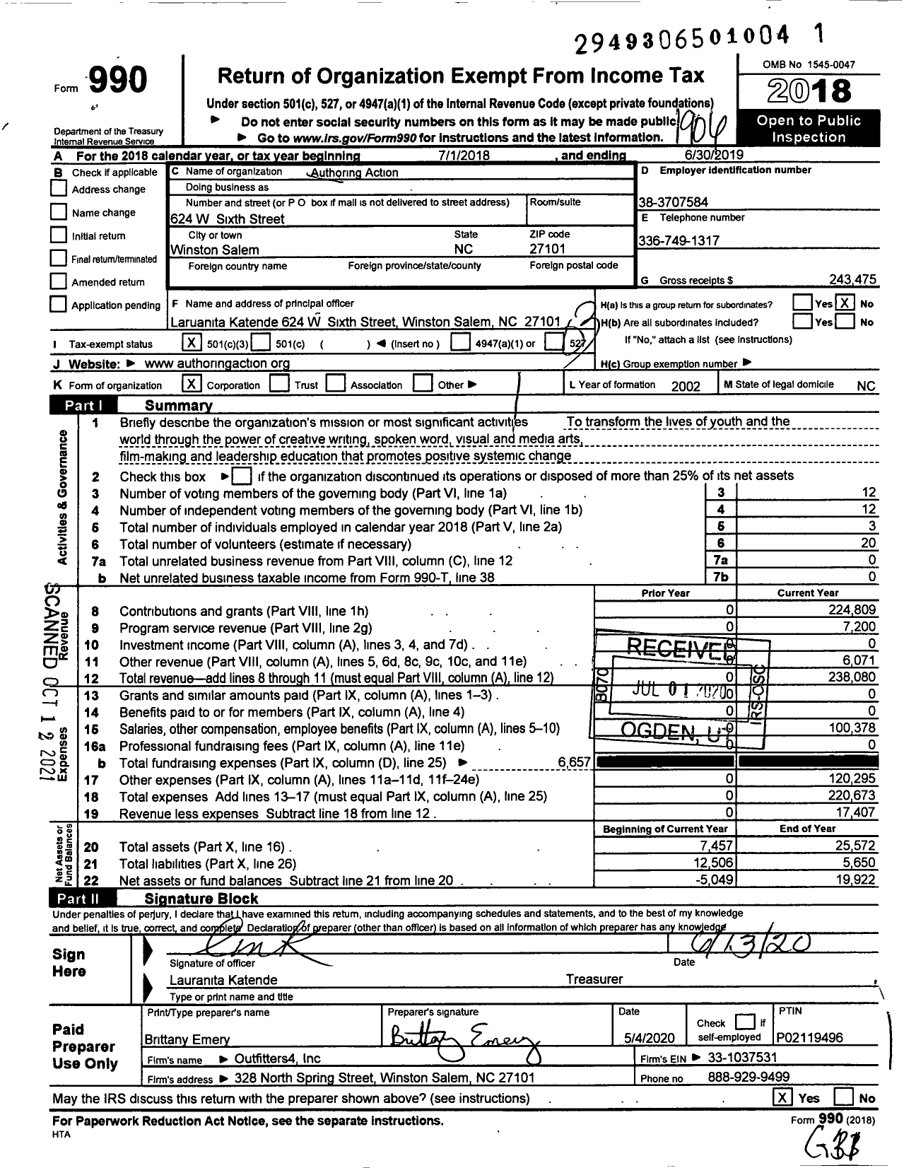 Image of first page of 2018 Form 990 for Authoring Action