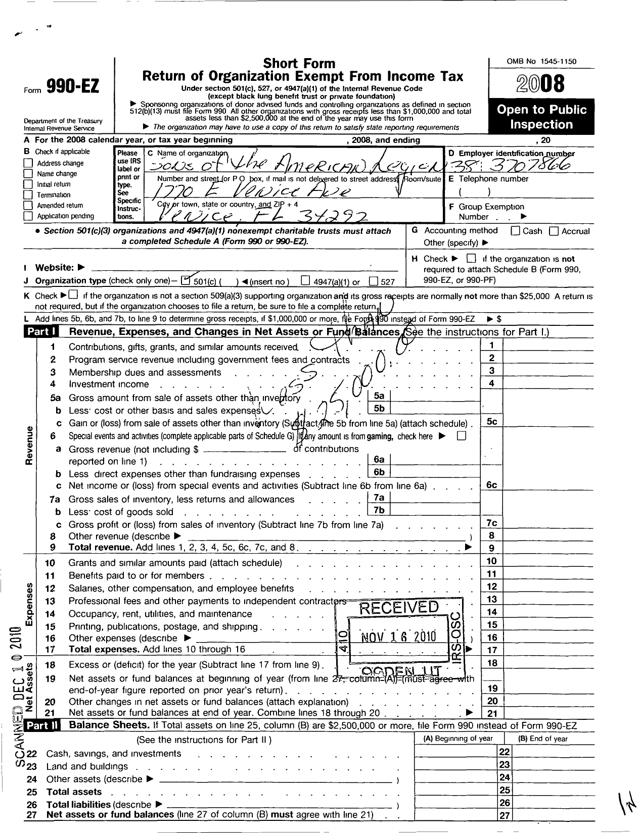 Image of first page of 2008 Form 990EO for Sons of the American Legion