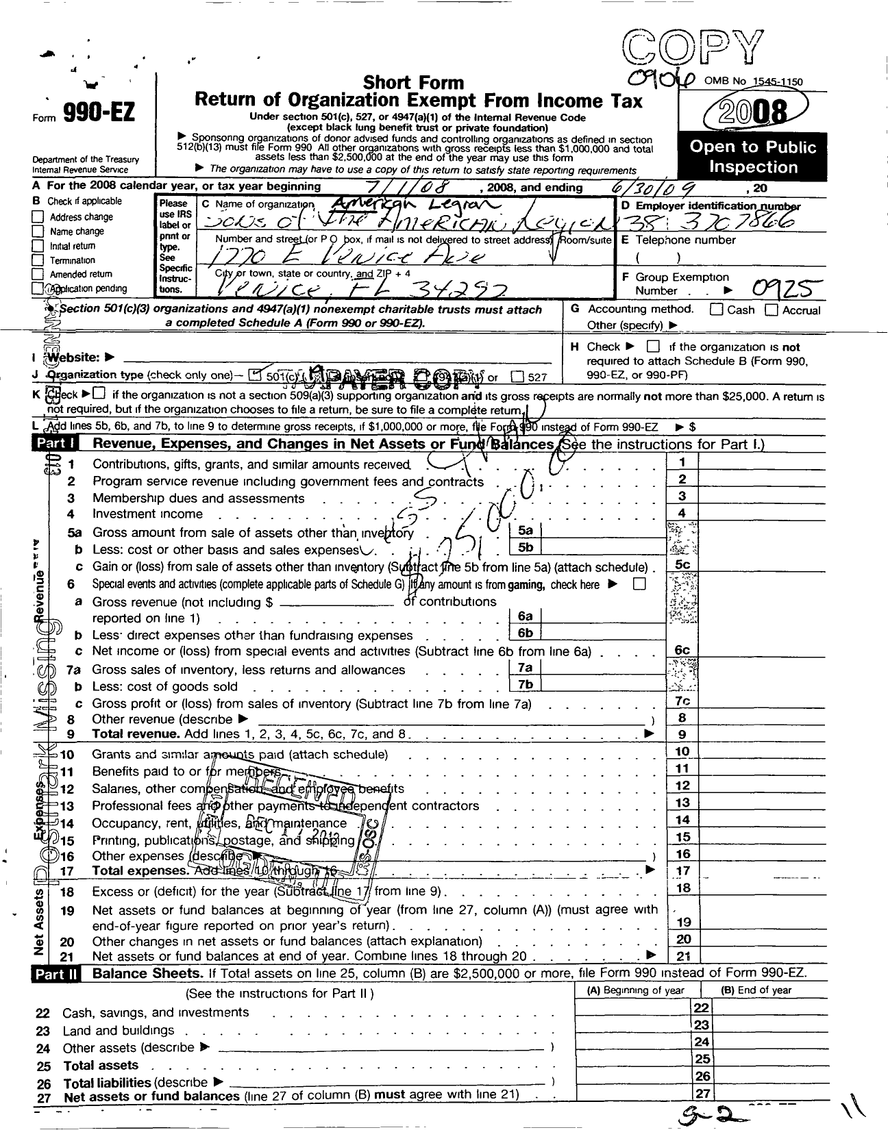 Image of first page of 2008 Form 990EO for Sons of the American Legion