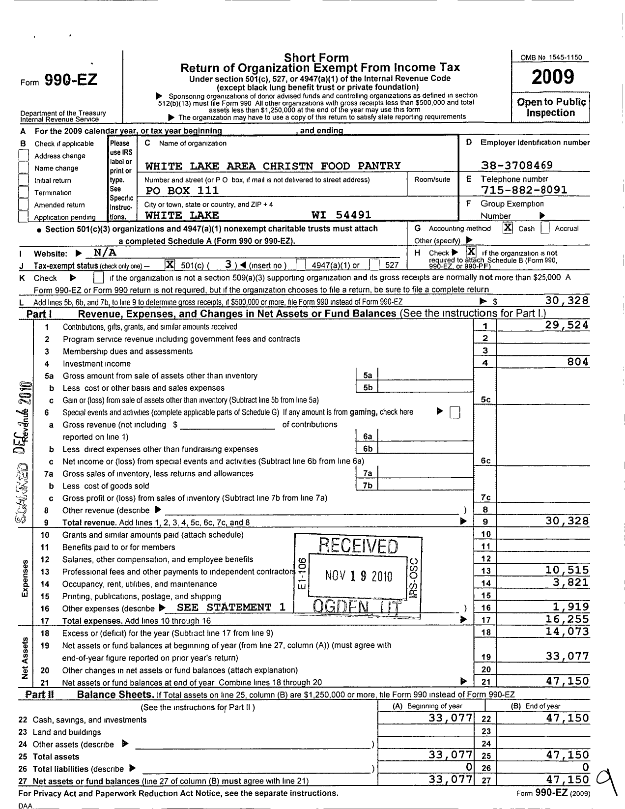 Image of first page of 2009 Form 990EZ for White Lake Area Christian Food Pantry