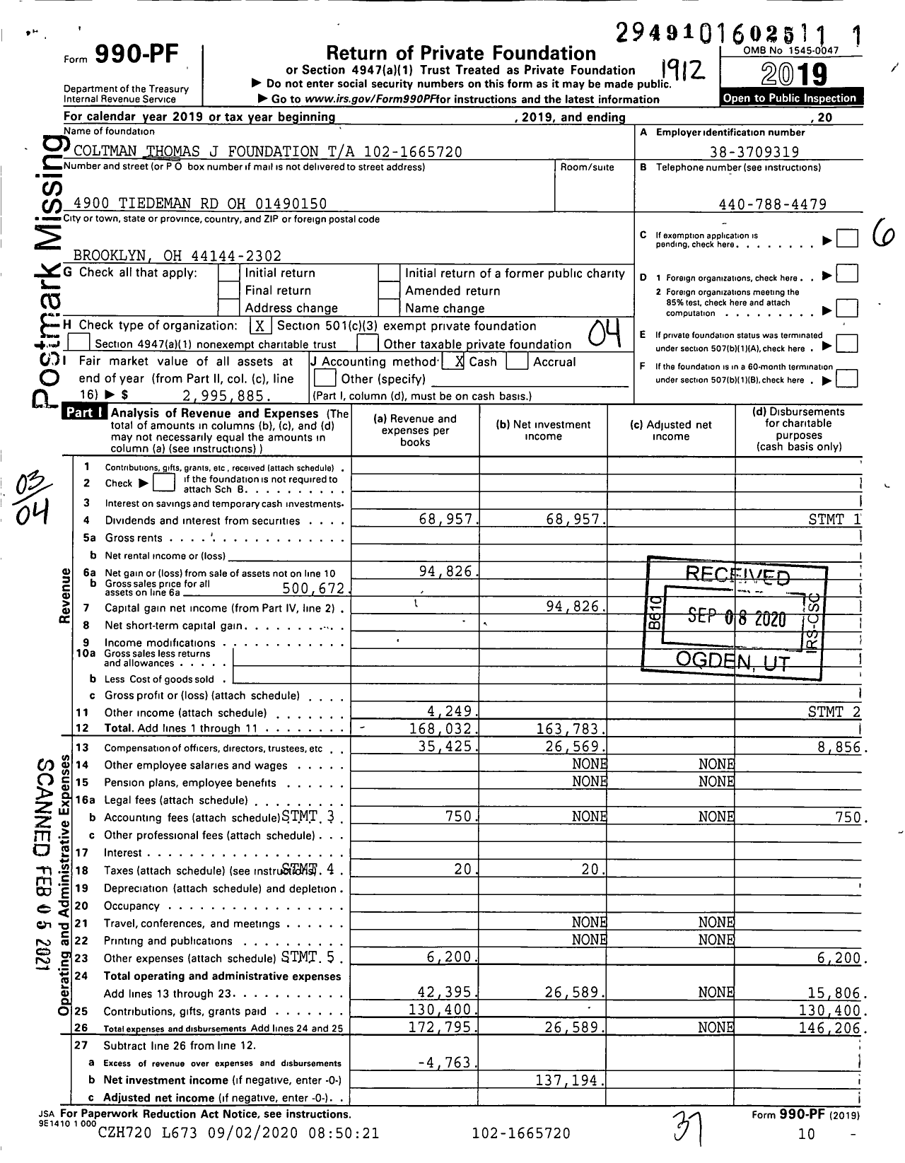 Image of first page of 2019 Form 990PF for Coltman Thomas J Foundation Ta