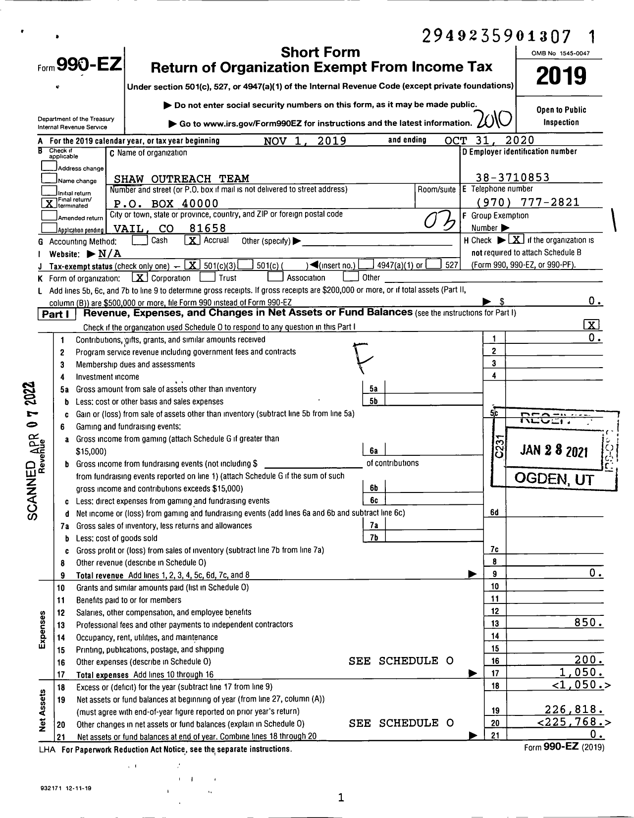 Image of first page of 2019 Form 990EZ for Shaw Outreach Team