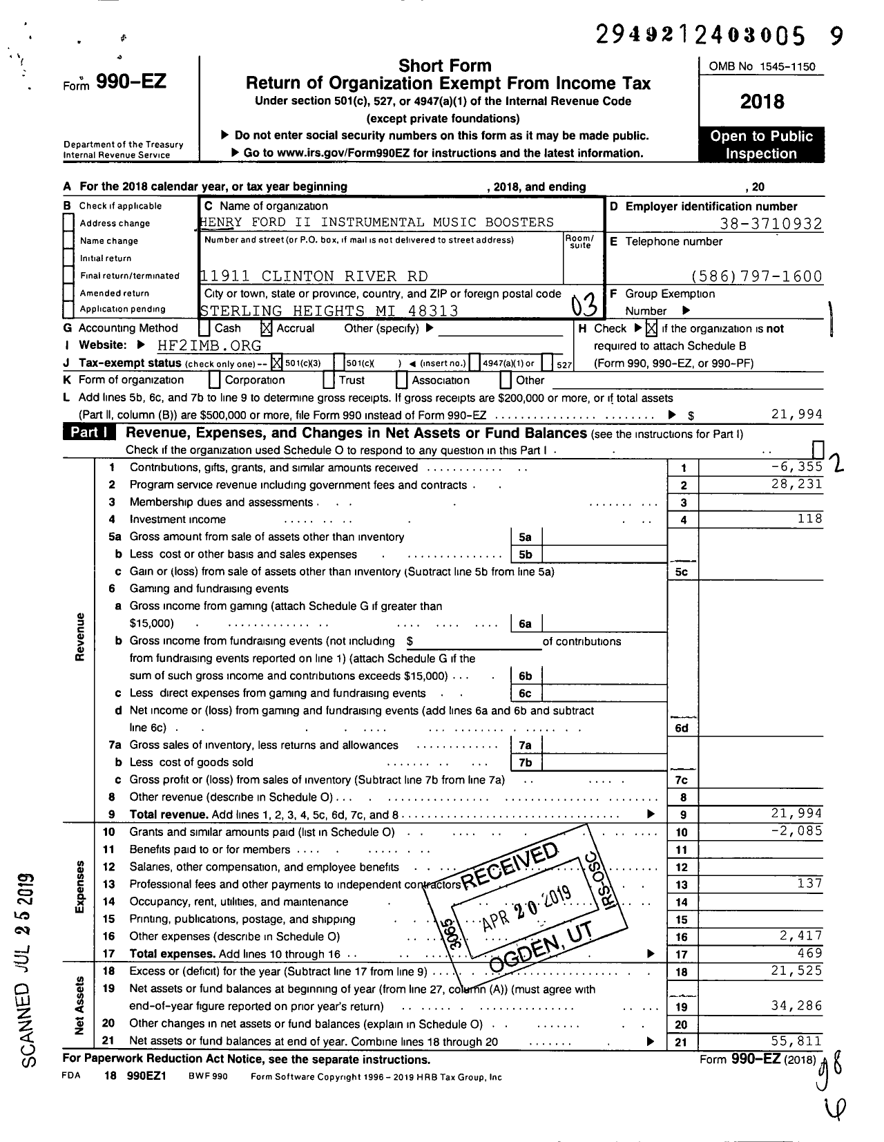 Image of first page of 2018 Form 990EZ for Henry Ford Ii Instrumental Music Boosters