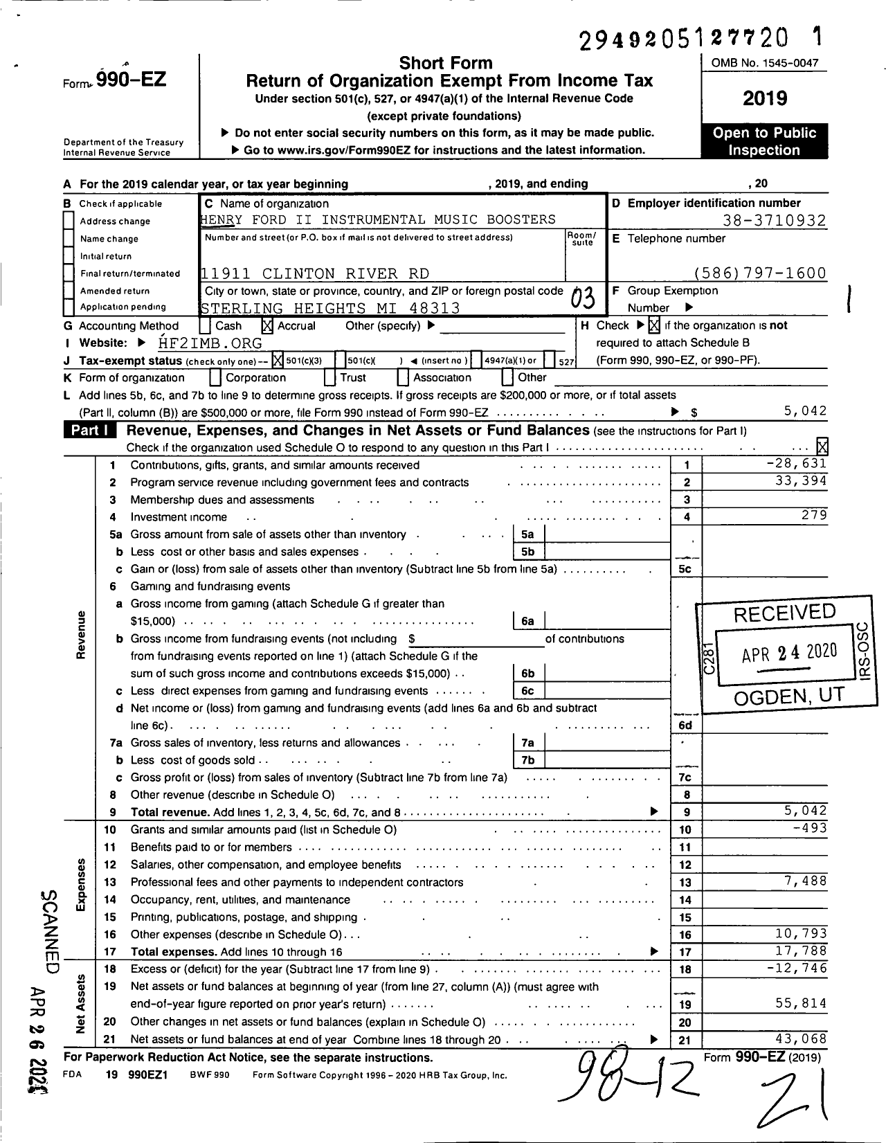 Image of first page of 2019 Form 990EZ for Henry Ford Ii Instrumental Music Boosters