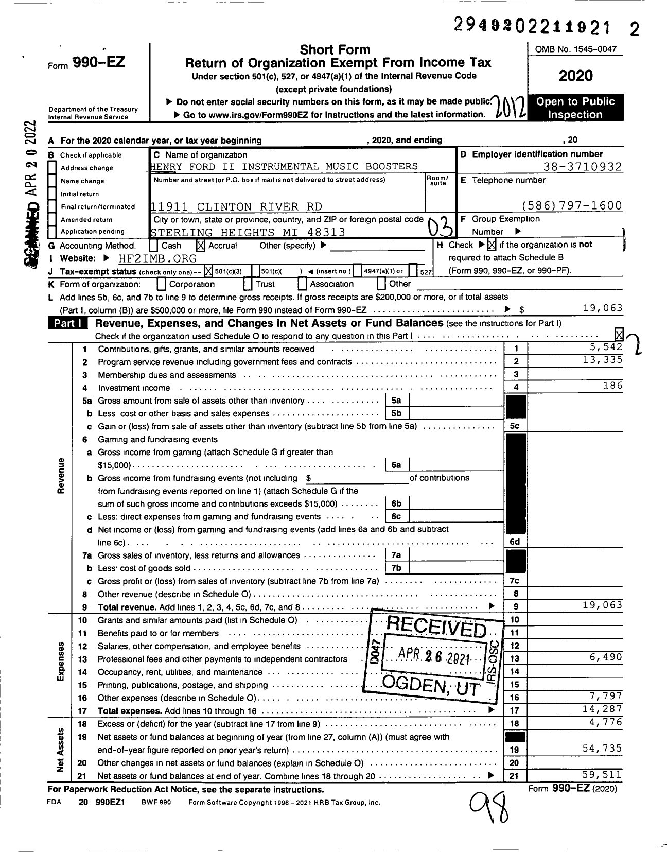 Image of first page of 2020 Form 990EZ for Henry Ford Ii Instrumental Music Boosters