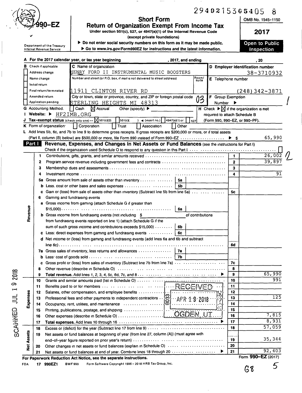 Image of first page of 2017 Form 990EZ for Henry Ford Ii Instrumental Music Boosters