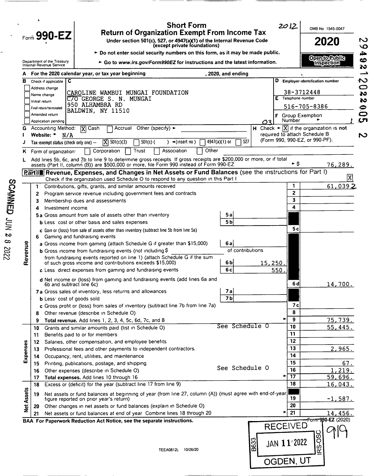 Image of first page of 2020 Form 990EZ for Caroline Wambui Mungai Foundation