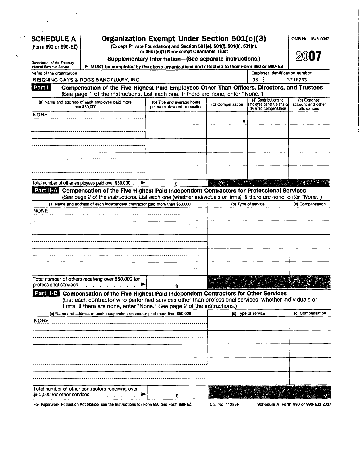 Image of first page of 2007 Form 990ER for Reigning Cats and Dogs Sanctuary