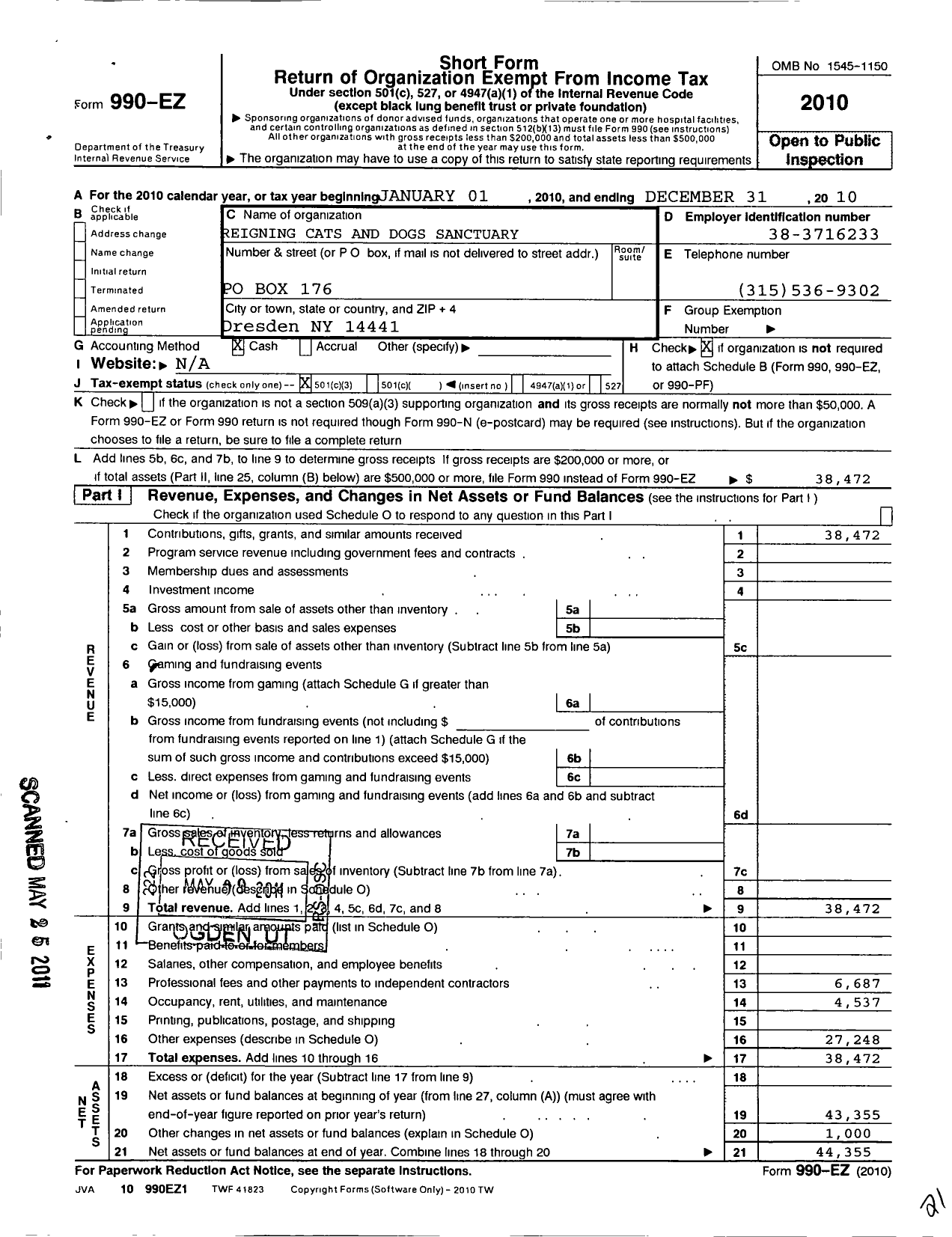 Image of first page of 2010 Form 990EZ for Reigning Cats and Dogs Sanctuary