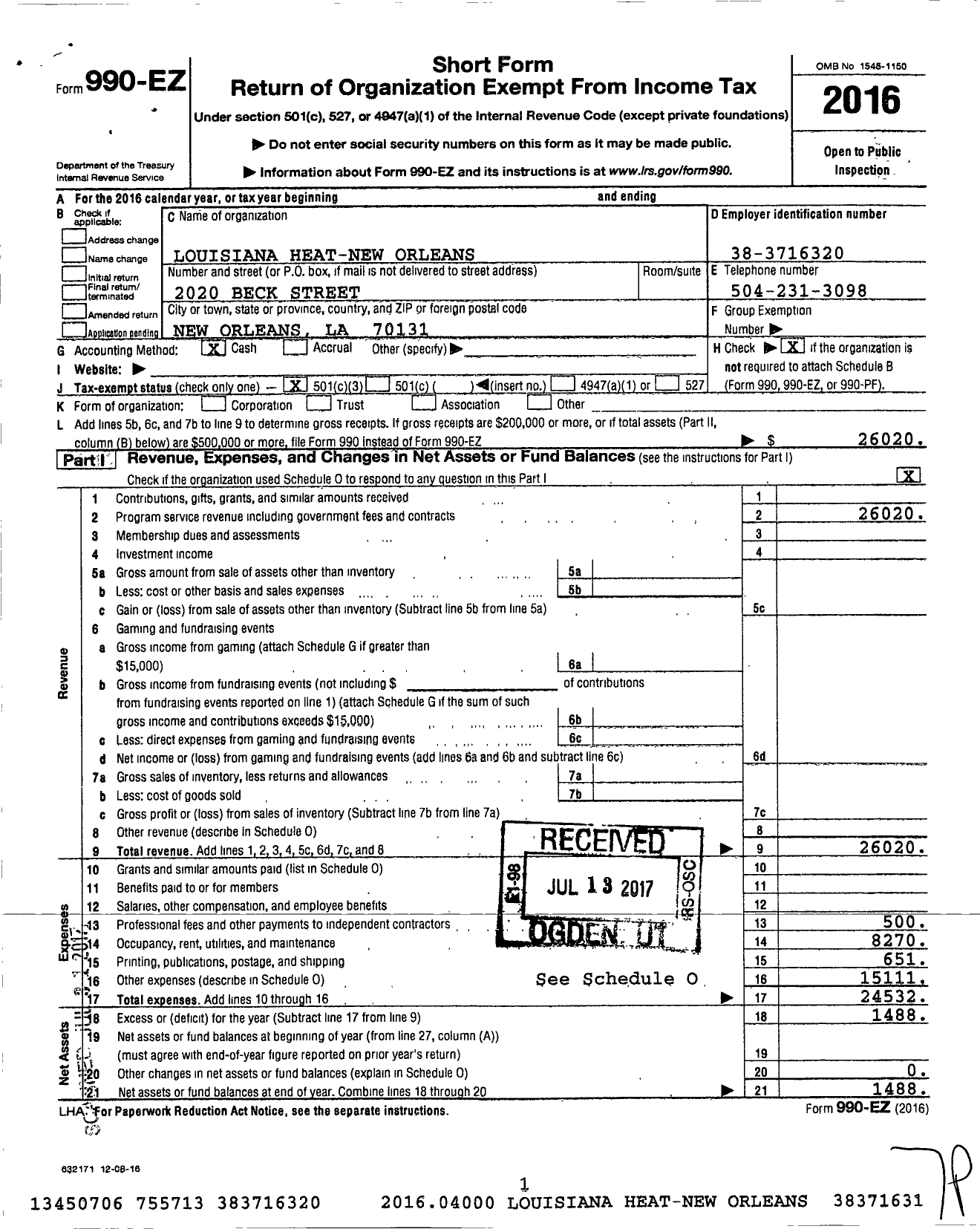 Image of first page of 2016 Form 990EZ for Louisiana Heat - New Orleans