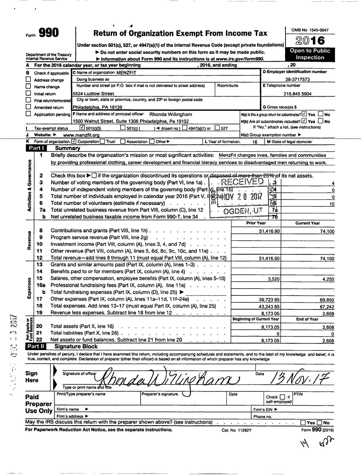 Image of first page of 2016 Form 990 for Menzfit