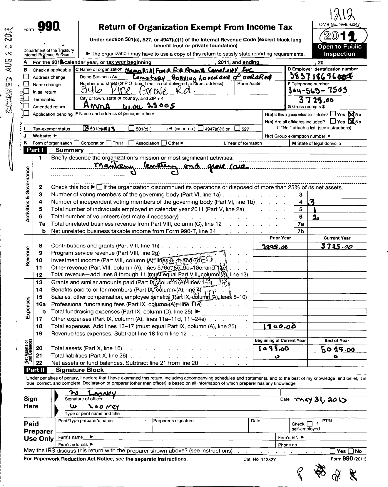 Image of first page of 2012 Form 990O for Memorial Fund for Amma Cemetary