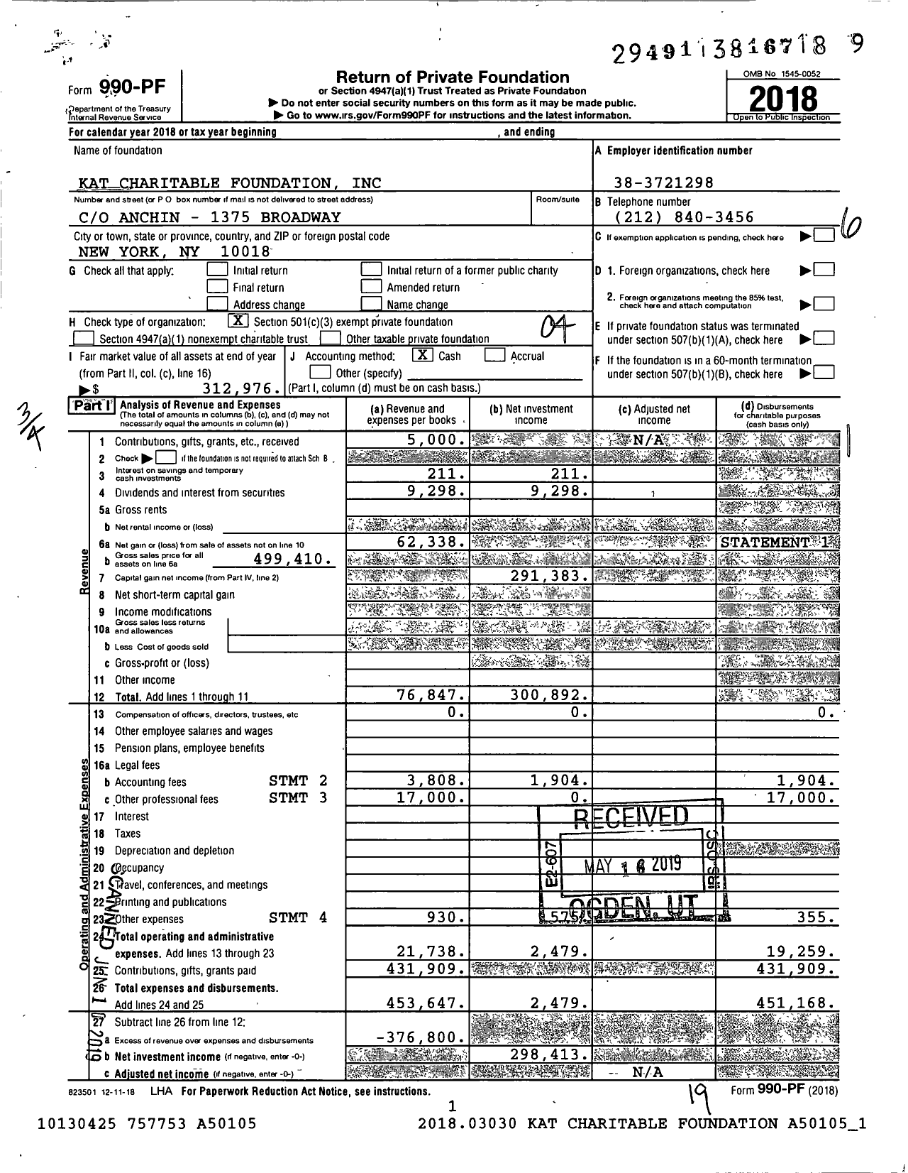 Image of first page of 2018 Form 990PF for Kat Charitable Foundation