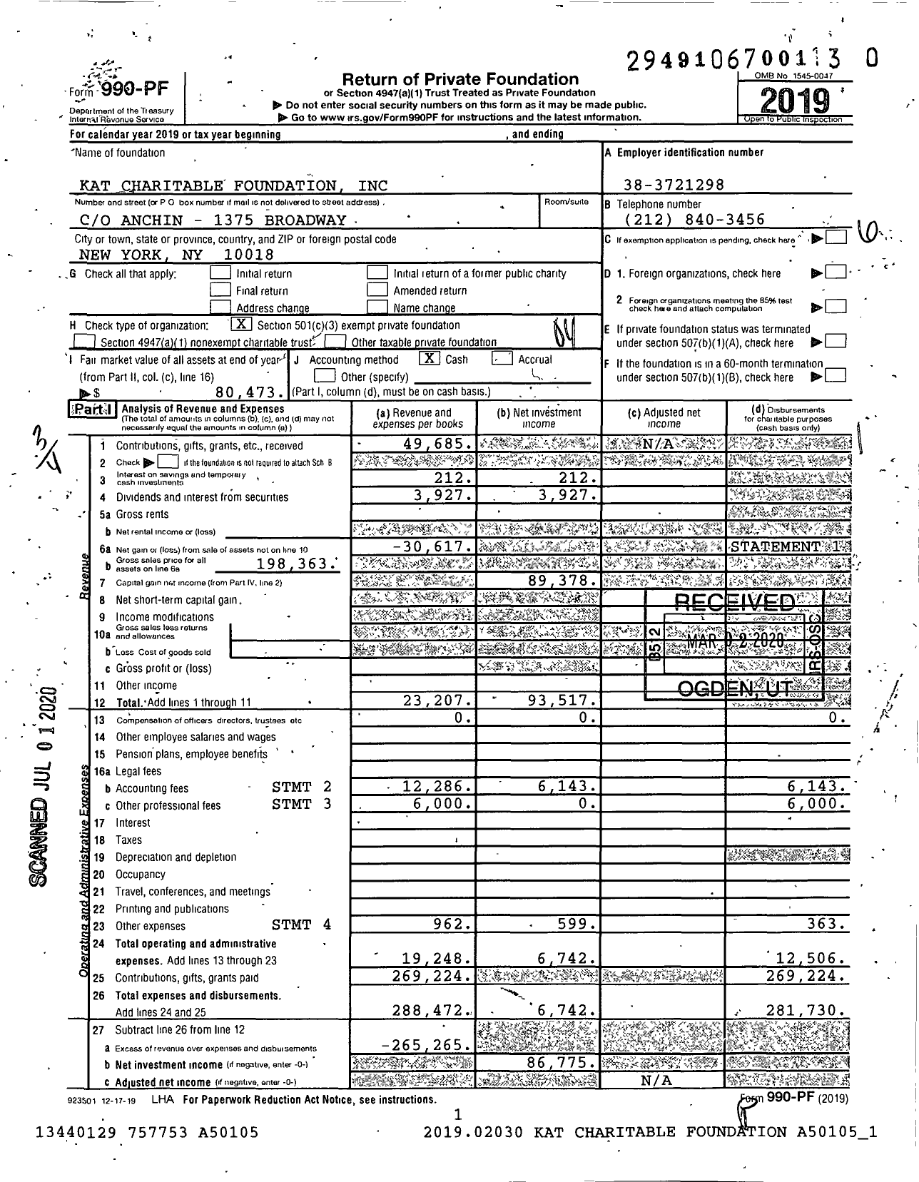 Image of first page of 2019 Form 990PR for Kat Charitable Foundation