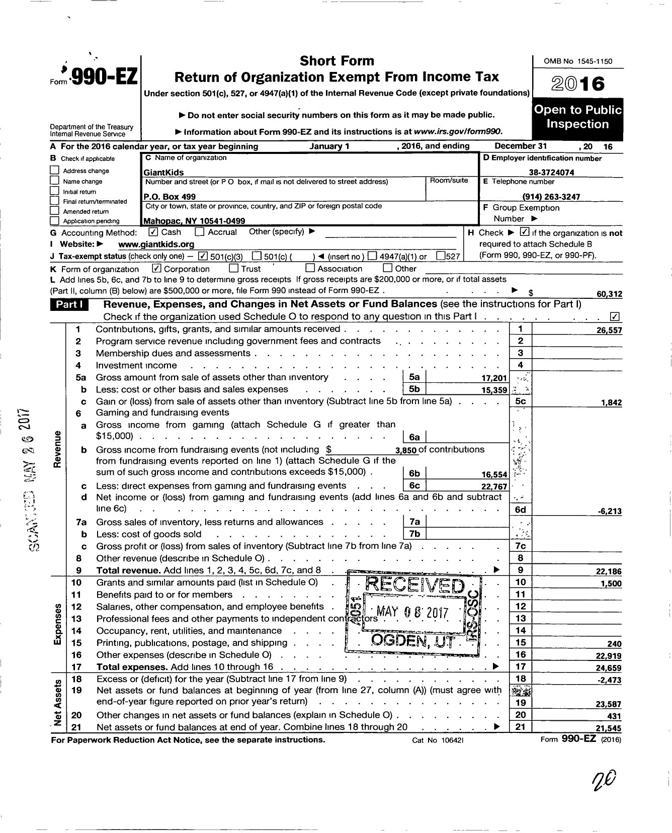 Image of first page of 2016 Form 990EZ for GiantKids