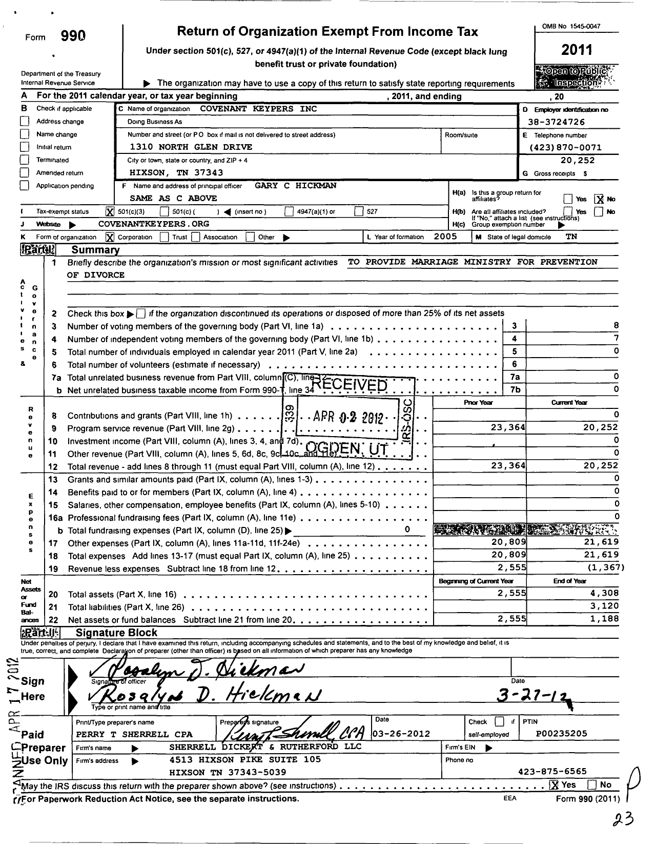 Image of first page of 2011 Form 990 for Covenant Keypers