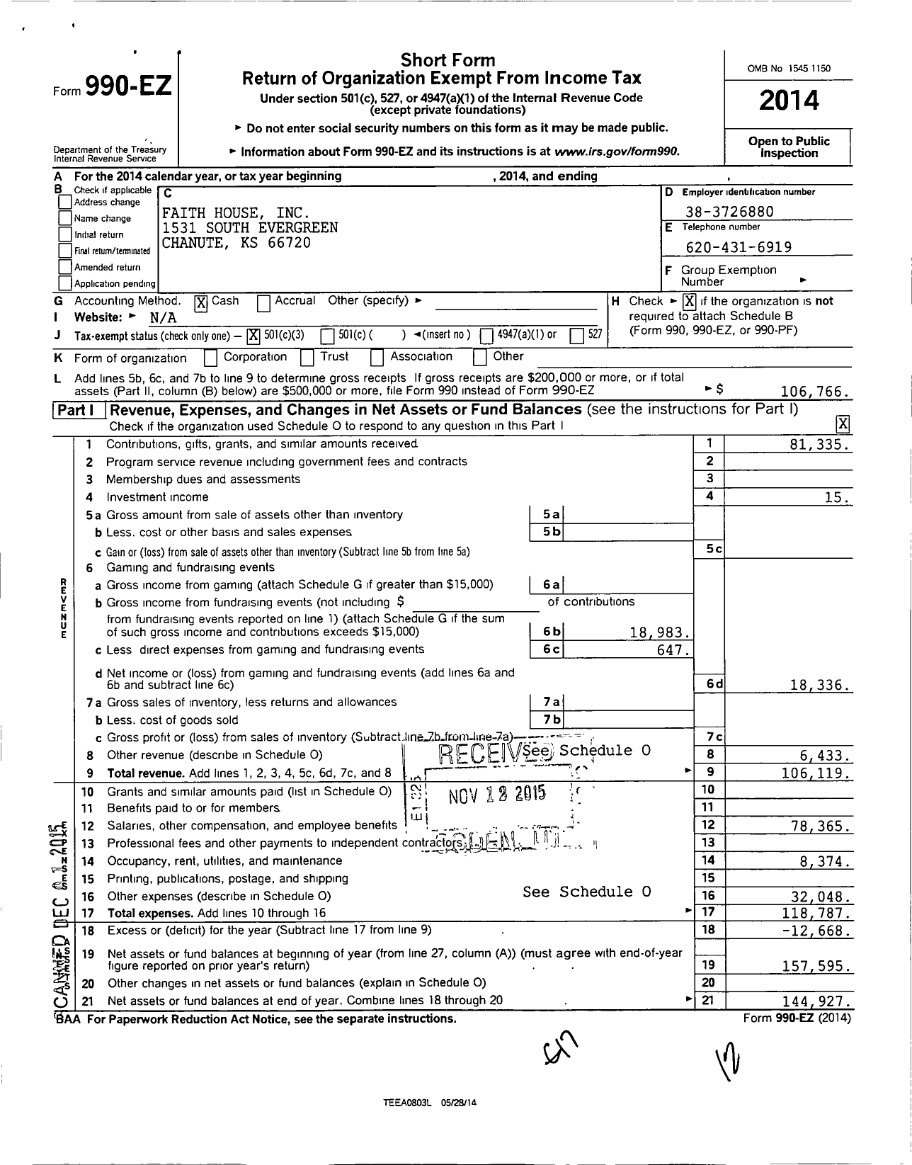 Image of first page of 2014 Form 990EZ for Faith House