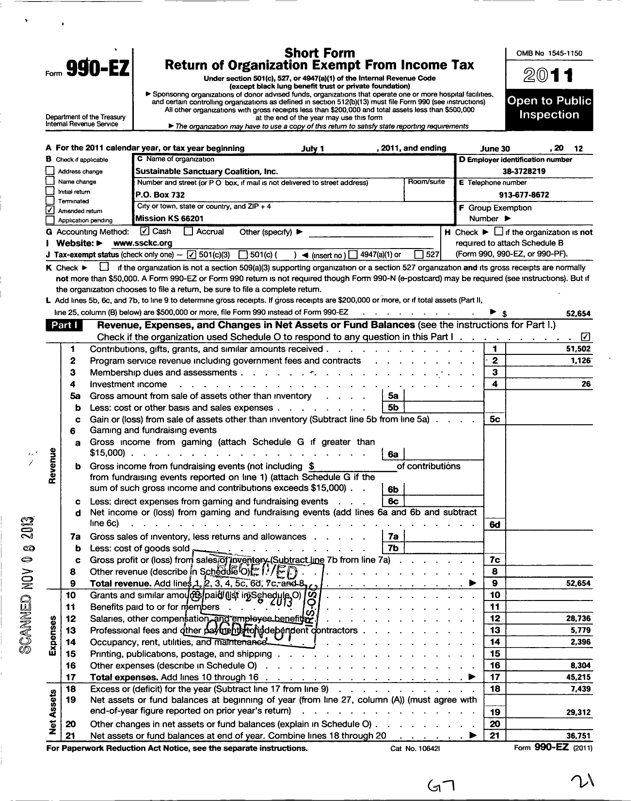 Image of first page of 2011 Form 990EZ for Sustainable Sanctuary Coalition