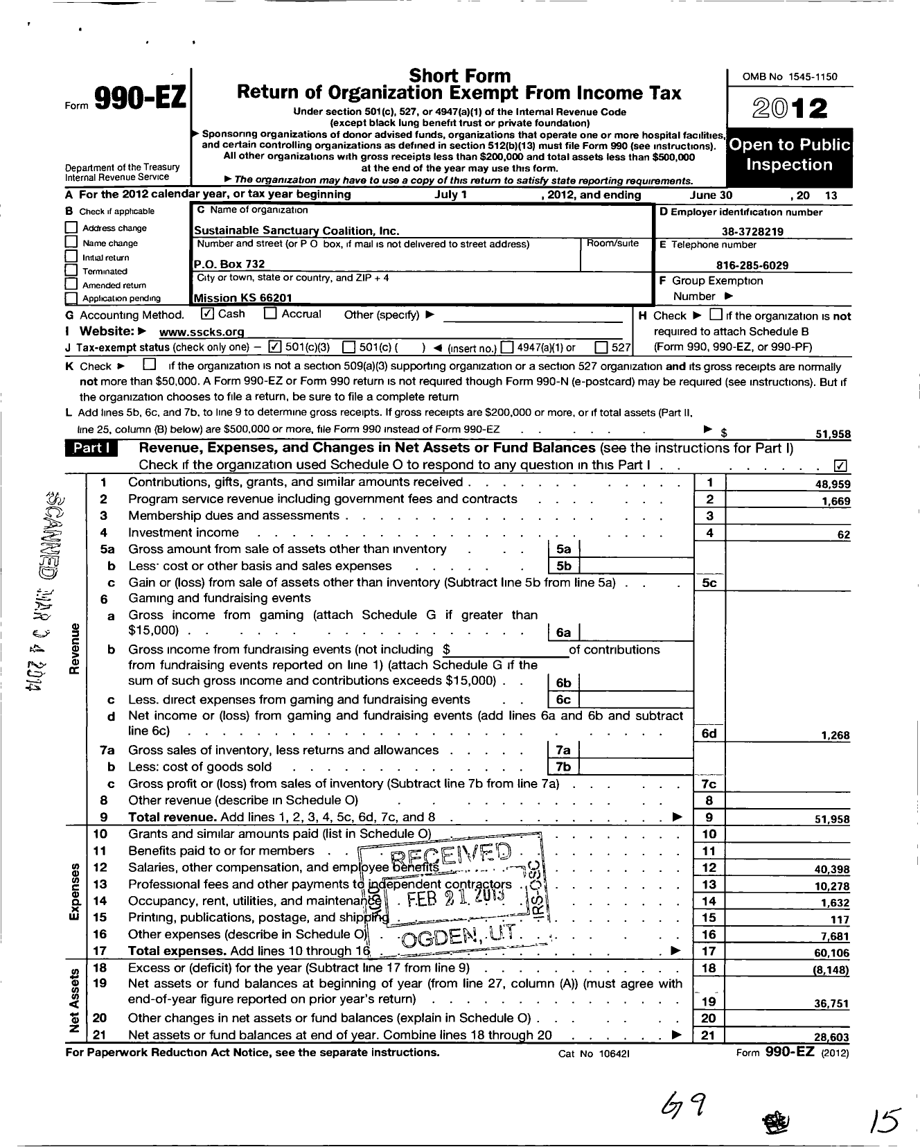 Image of first page of 2012 Form 990EZ for Sustainable Sanctuary Coalition