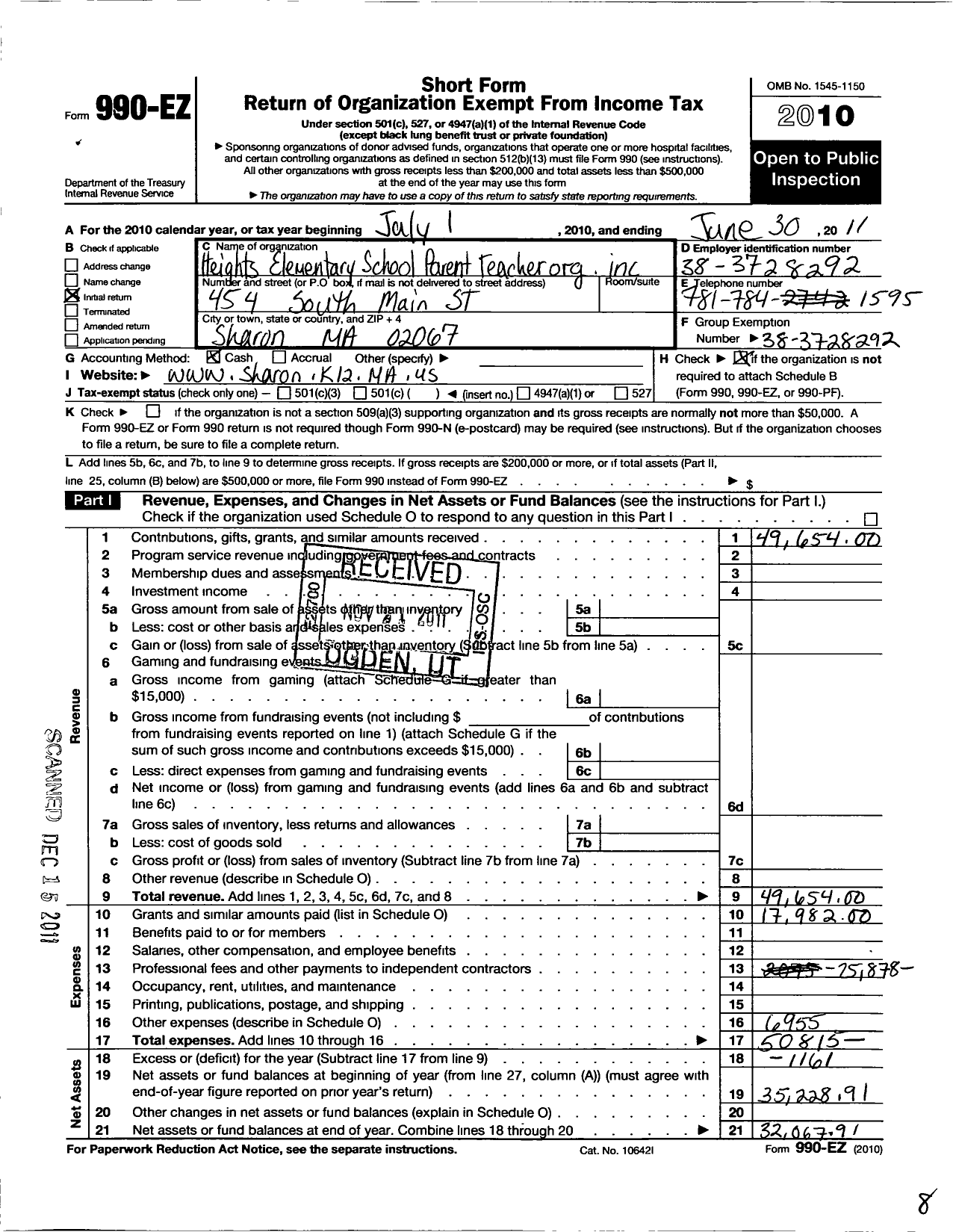 Image of first page of 2010 Form 990EO for Heights Pto