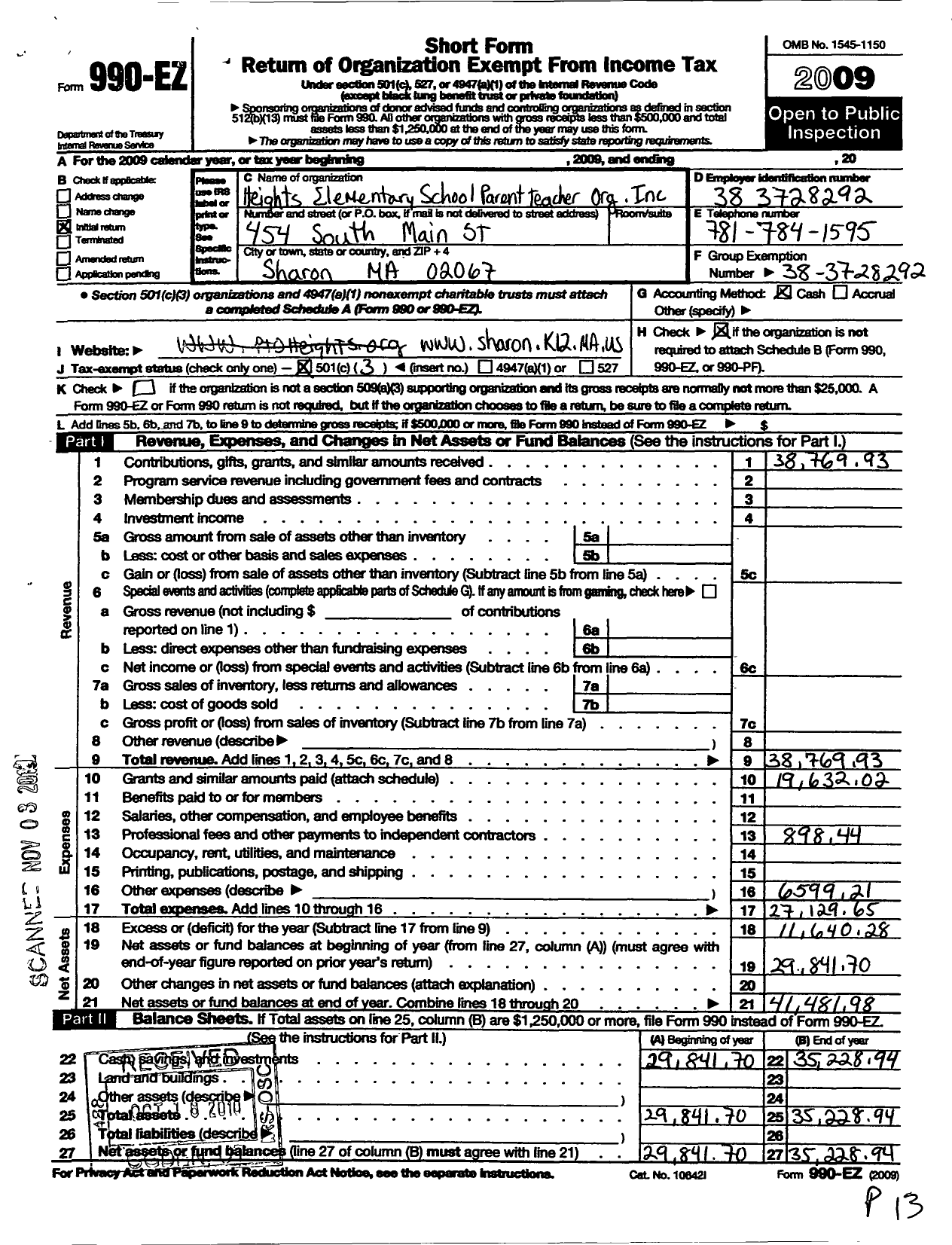 Image of first page of 2009 Form 990EZ for Heights Pto