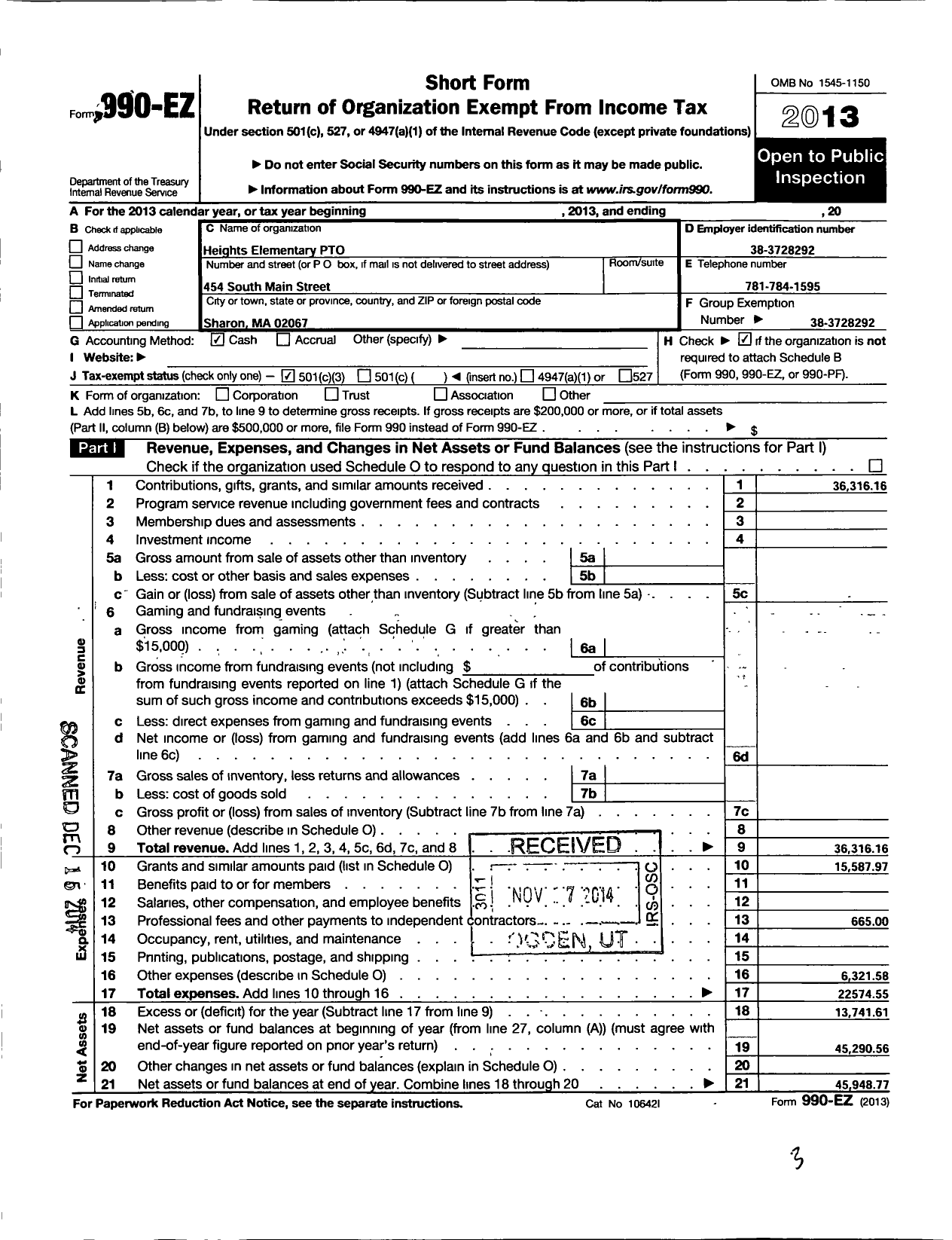 Image of first page of 2013 Form 990EZ for Heights Pto