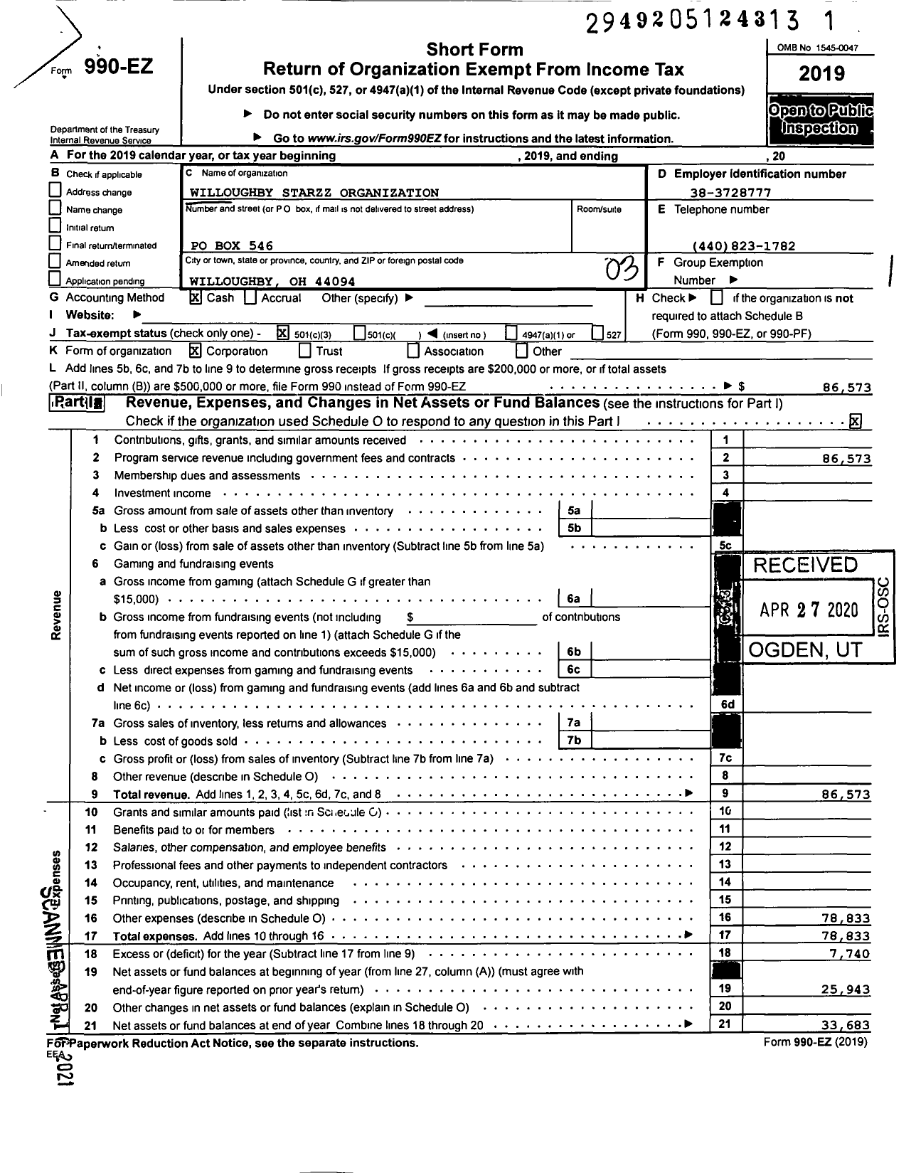 Image of first page of 2019 Form 990EZ for Willoughby Starzz Organization